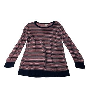 J Crew Pink Navy Striped Sweater Large 100% Cotton Crewneck Textured Knit